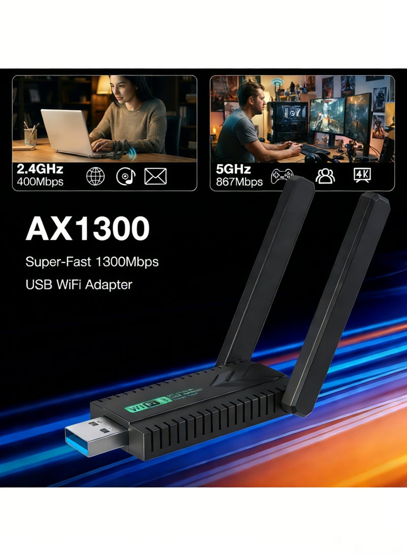 أورييل محول USB لاسلكي - مستقبل شبكة لاسلكية خارجي ثنائي النطاق 2.4 جيجاهرتز/5.8 جيجاهرتز بسرعة 1300 ميجابت في الثانية، بطاقة شبكة لاسلكية، محول بلوتوث لاسلكي، يدعم واي فاي 6 وبلوتوث 5.3، مناسب لأجهزة الكمبيوتر المكتبية والمحمولة، سهل الاستخدام (التوصيل والتشغيل) - Image 2